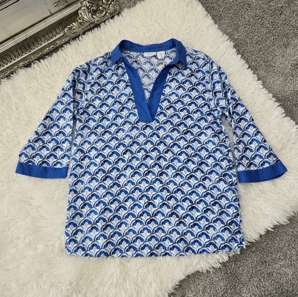 SIGRID OLSEN Linen Three-Quarter Sleeve Collared Popover Top. Size Medium. New.